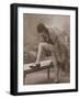 Young Woman Wearing a Fur Coat Cloche Hat and T-Bar Shoes Lifts Her Leg Up-null-Framed Photographic Print