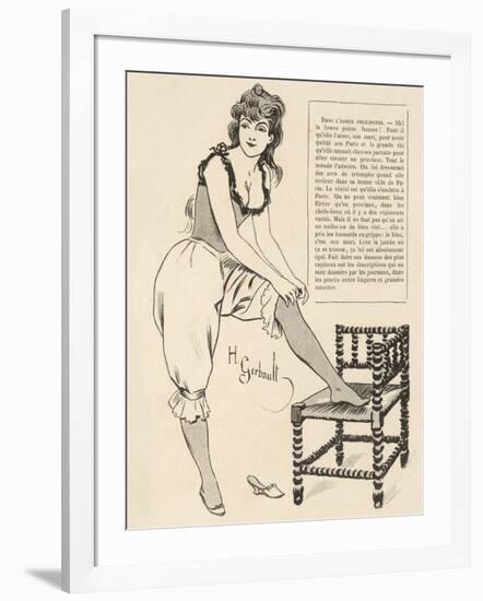 Young Woman Wearing a Lacy Chemise Corset and Frilly Edged Drawers Adjusts Her Stockings-H. Gerbault-Framed Art Print