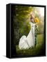 Young Woman Wearing a Long White Dress Holding Sunflowers Outdoor Shot. Portrait of Beautiful Blond-iancucristi-Framed Stretched Canvas