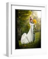 Young Woman Wearing a Long White Dress Holding Sunflowers Outdoor Shot. Portrait of Beautiful Blond-iancucristi-Framed Photographic Print