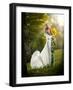 Young Woman Wearing a Long White Dress Holding Sunflowers Outdoor Shot. Portrait of Beautiful Blond-iancucristi-Framed Photographic Print