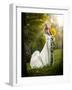 Young Woman Wearing a Long White Dress Holding Sunflowers Outdoor Shot. Portrait of Beautiful Blond-iancucristi-Framed Photographic Print