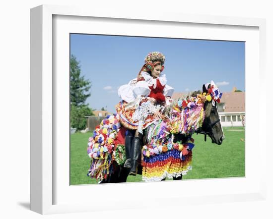 Young Woman Wearing Folk Dress on Horseback, Ride of the Kings Festival, Village of Vlcnov, Vlcnov-Richard Nebesky-Framed Photographic Print