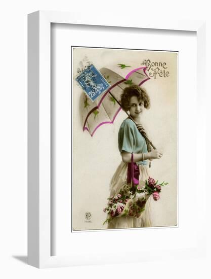 Young Woman with a Parasol and a Basket of Flowers-null-Framed Photographic Print