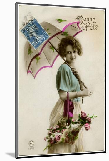 Young Woman with a Parasol and a Basket of Flowers-null-Mounted Photographic Print