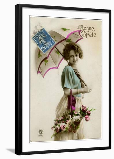 Young Woman with a Parasol and a Basket of Flowers-null-Framed Photographic Print