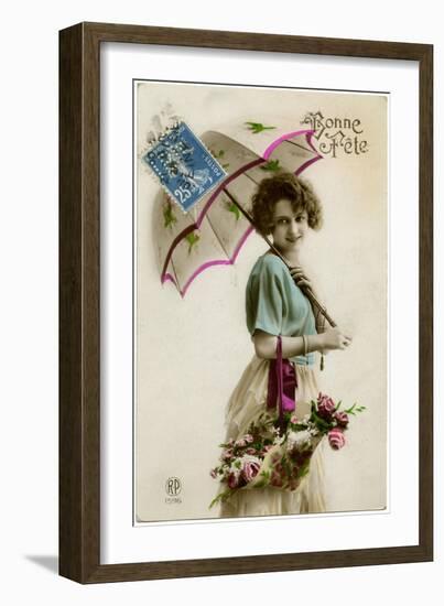 Young Woman with a Parasol and a Basket of Flowers-null-Framed Photographic Print