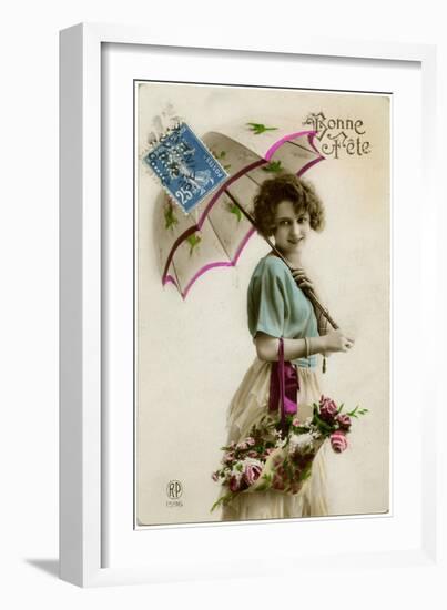 Young Woman with a Parasol and a Basket of Flowers-null-Framed Photographic Print