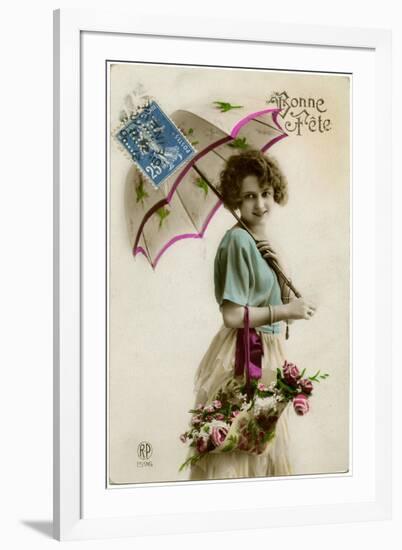 Young Woman with a Parasol and a Basket of Flowers-null-Framed Photographic Print