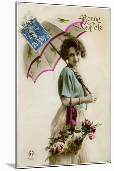 Young Woman with a Parasol and a Basket of Flowers-null-Mounted Photographic Print