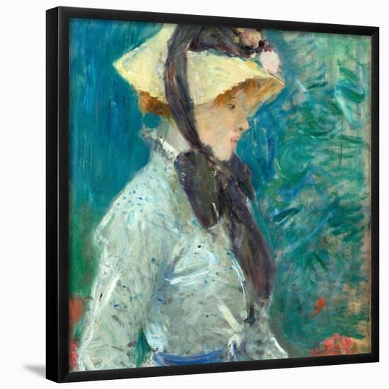 Young Woman with a Straw Hat. Dated: 1884. Dimensions: overall: 55.5 x 46.7 cm (21 7/8 x 18 3/8 ...-Berthe Morisot-Framed Poster