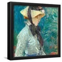 Young Woman with a Straw Hat. Dated: 1884. Dimensions: overall: 55.5 x 46.7 cm (21 7/8 x 18 3/8 ...-Berthe Morisot-Framed Poster