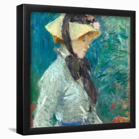 Young Woman with a Straw Hat. Dated: 1884. Dimensions: overall: 55.5 x 46.7 cm (21 7/8 x 18 3/8 ...-Berthe Morisot-Framed Poster