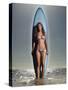 Young Woman with a Surfboard-Ben Welsh-Stretched Canvas