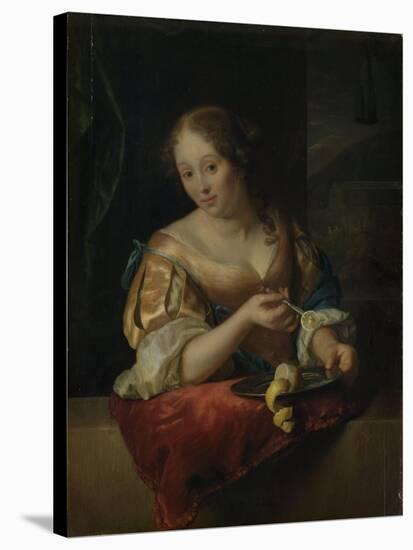 Young Woman with Lemon-Godfried Schalcken-Stretched Canvas