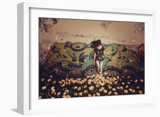 Young Woman with Long Hair Oudoors with Flowers-Carolina Hernandez-Framed Photographic Print