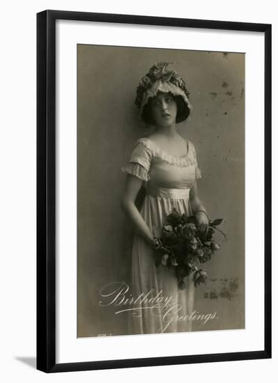 Young Woman with Roses on a Birthday Postcard-null-Framed Photographic Print