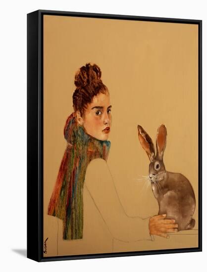 Young Woman with scarf and Hare, 2017-Susan Adams-Framed Stretched Canvas