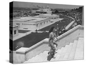 Young Women Walking Up Steps at the Beach Resort Mar Del Plata-Hart Preston-Stretched Canvas