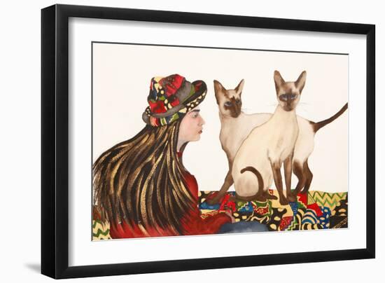 Young women with Siamese Cats-Susan Adams-Framed Giclee Print