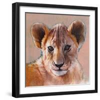 Youngest Cub, Masai Mara, 2019, (conté and pastel on paper)-Mark Adlington-Framed Giclee Print