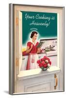 Your Cooking is Heavenly, Woman Reading Cookbook-null-Framed Art Print