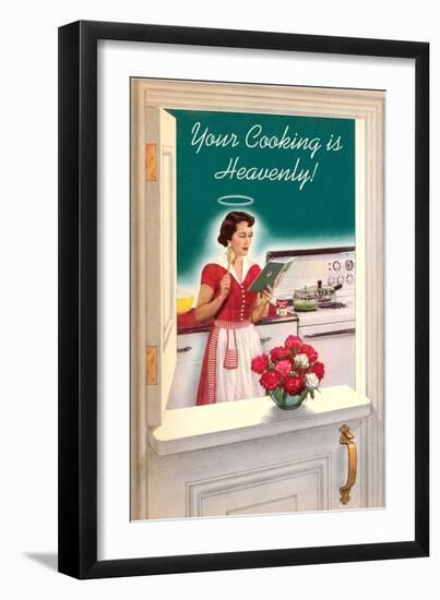 Your Cooking is Heavenly, Woman Reading Cookbook-null-Framed Art Print