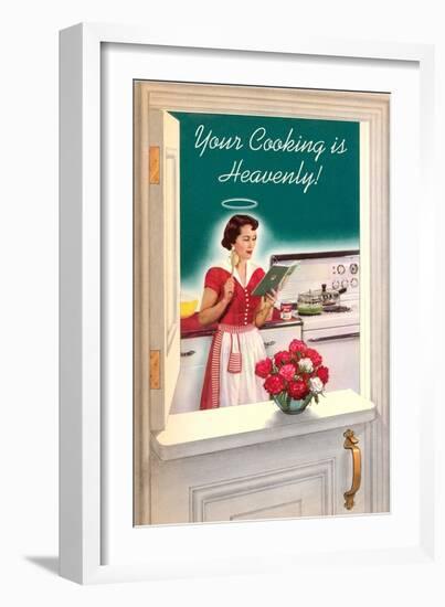 Your Cooking is Heavenly, Woman Reading Cookbook-null-Framed Art Print