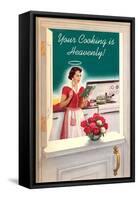 Your Cooking is Heavenly, Woman Reading Cookbook-null-Framed Stretched Canvas