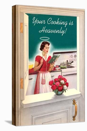 Your Cooking is Heavenly, Woman Reading Cookbook-null-Stretched Canvas