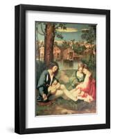 Youth with a Guitar and Two Girls Sitting on a River Bank-Giorgione-Framed Giclee Print