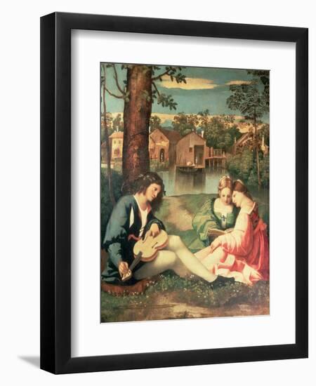 Youth with a Guitar and Two Girls Sitting on a River Bank-Giorgione-Framed Giclee Print