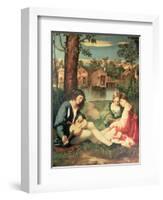 Youth with a Guitar and Two Girls Sitting on a River Bank-Giorgione-Framed Giclee Print