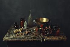 Old Worn Wooden Table with Two Glass Bottles, a Glass Pitcher, a Glass Jar, a Bronze Bowl, Ginger A-ysbrandcosijn-Laminated Photographic Print