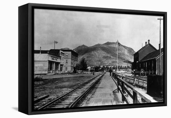 Yukon View of Town and Railroad - Carcross, AK-Lantern Press-Framed Stretched Canvas