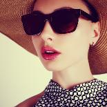 Beautiful Sensual Young Brunette Woman in a Hat and Sunglasses-Yuliya Yafimik-Photographic Print