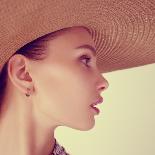 Portrait of Beautiful Girl in Hat in Profile, Posing in Studio-Yuliya Yafimik-Photographic Print