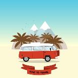 Retro Minivan with Palm Trees and Mountains on the Background. Vintage Style Hippie Bus. Vector Fla-yurgo-Framed Art Print