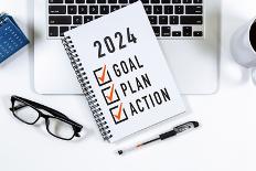 2024 Goal, Plan, Action Checklist Text on Note Pad with Laptop, Glasses and Pen.-yusnizam-Photographic Print