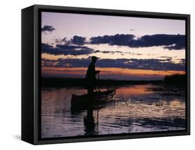 Zambia Game Scout Poling Mokorro Along Lukulu River at Sunset-John Warburton-lee-Framed Stretched Canvas