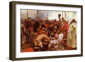 Zaraporoski Cossacks Send the Turkish Sultan Mahmoud Iv a Letter-Ilya Repin-Framed Art Print