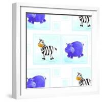 Zebra and Hippos Pattern-null-Framed Giclee Print