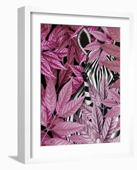 Zebra in Pink Leaves-Fab Funky-Framed Art Print