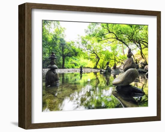 Zen Pond in Forest. Photography of Stone Towers, Peace and Calm Concept-Banana Republic images-Framed Photographic Print