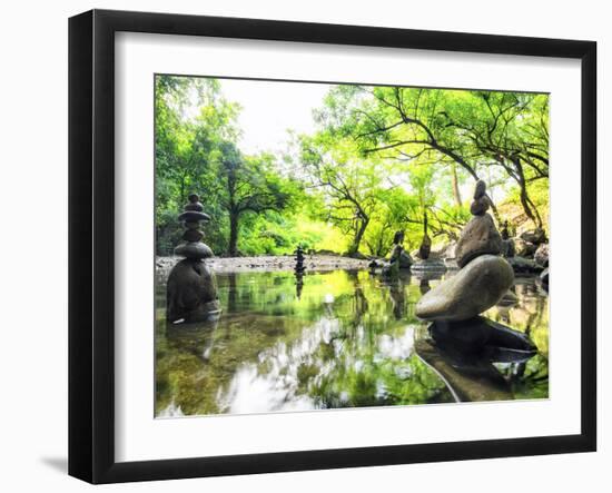 Zen Pond in Forest. Photography of Stone Towers, Peace and Calm Concept-Banana Republic images-Framed Photographic Print