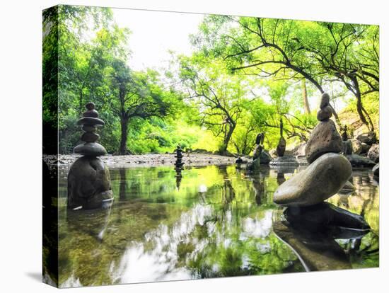 Zen Pond in Forest. Photography of Stone Towers, Peace and Calm Concept-Banana Republic images-Stretched Canvas