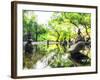 Zen Pond in Forest. Photography of Stone Towers, Peace and Calm Concept-Banana Republic images-Framed Photographic Print