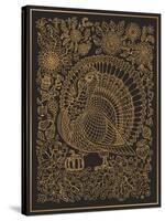 Zen Tangle Ornate Bird, Fantastic Pumpkin Flower. Golden Contour Thin Line Ornaments on a Black Bac-L Kramer-Stretched Canvas