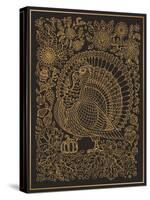 Zen Tangle Ornate Bird, Fantastic Pumpkin Flower. Golden Contour Thin Line Ornaments on a Black Bac-L Kramer-Stretched Canvas