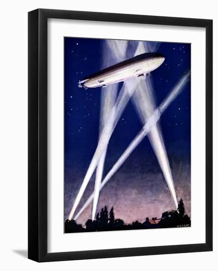 Zeppelin Airship Caught in Searchlights During a Bombing Raid over England, 1916-null-Framed Giclee Print